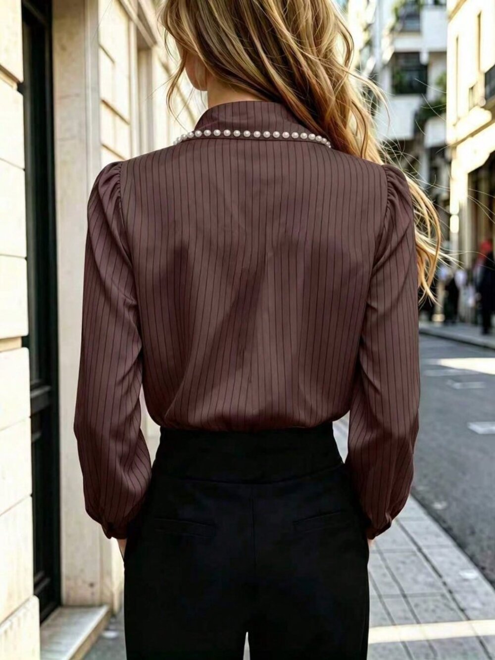 Coffee Brown Elegant Women's Regular Fit Puff-Sleeve Button-Up Shirt - Picture 4 of 4